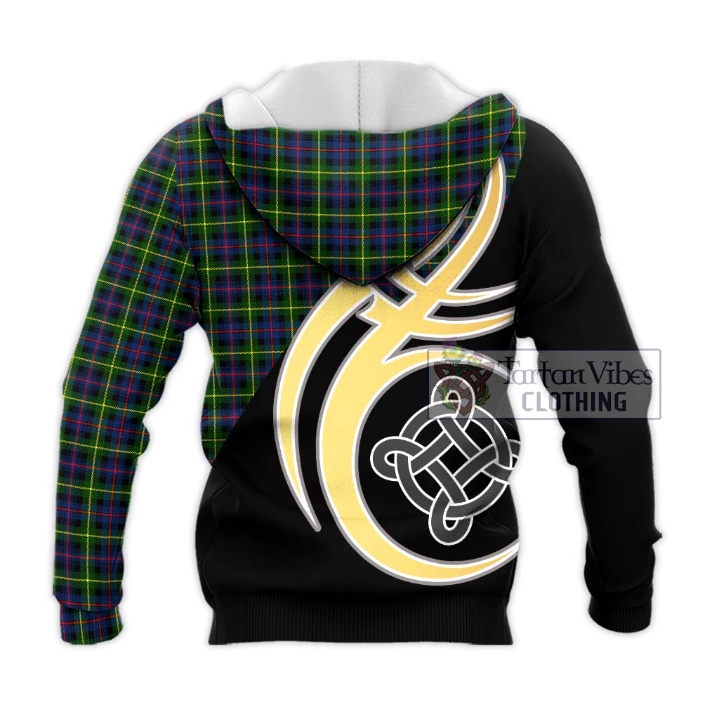 Tartan Vibes Clothing Farquharson Modern Tartan Knitted Hoodie with Family Crest and Celtic Symbol Style