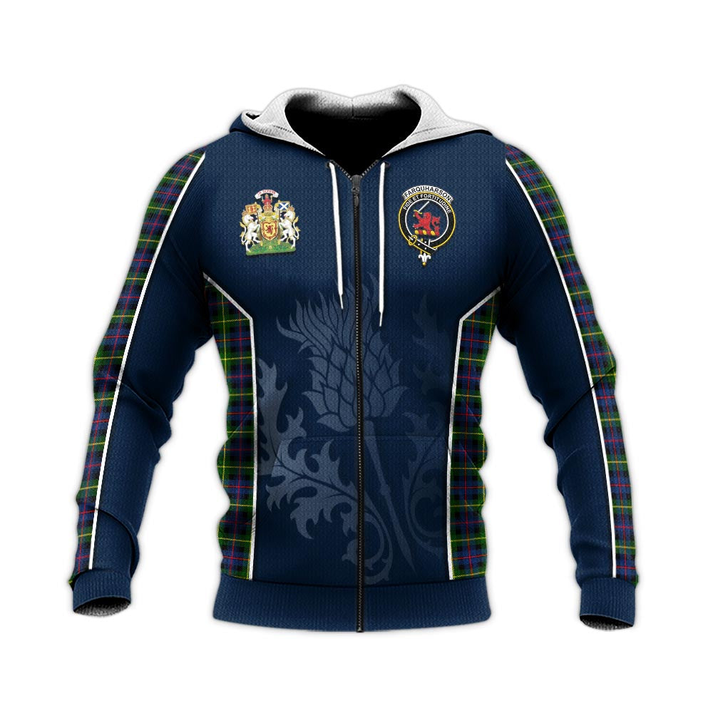 Tartan Vibes Clothing Farquharson Modern Tartan Knitted Hoodie with Family Crest and Scottish Thistle Vibes Sport Style