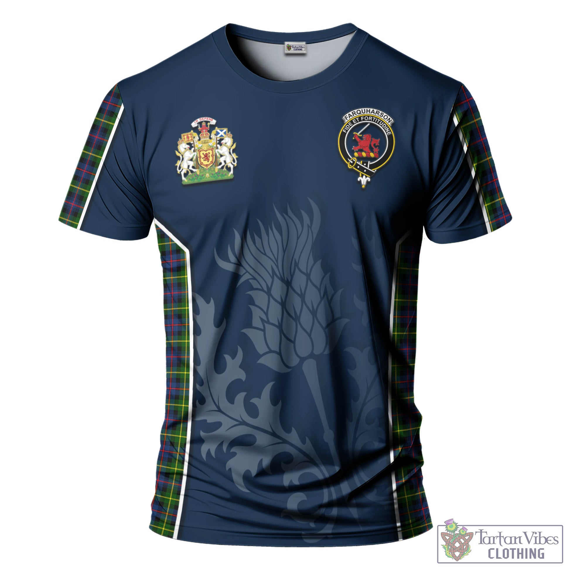 Tartan Vibes Clothing Farquharson Modern Tartan T-Shirt with Family Crest and Scottish Thistle Vibes Sport Style