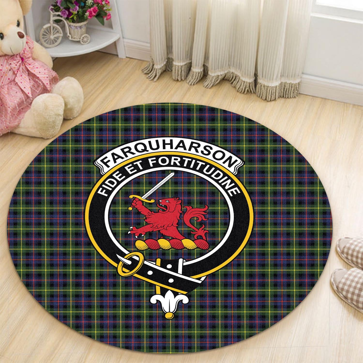 Farquharson Modern Tartan Round Rug with Family Crest - Tartanvibesclothing