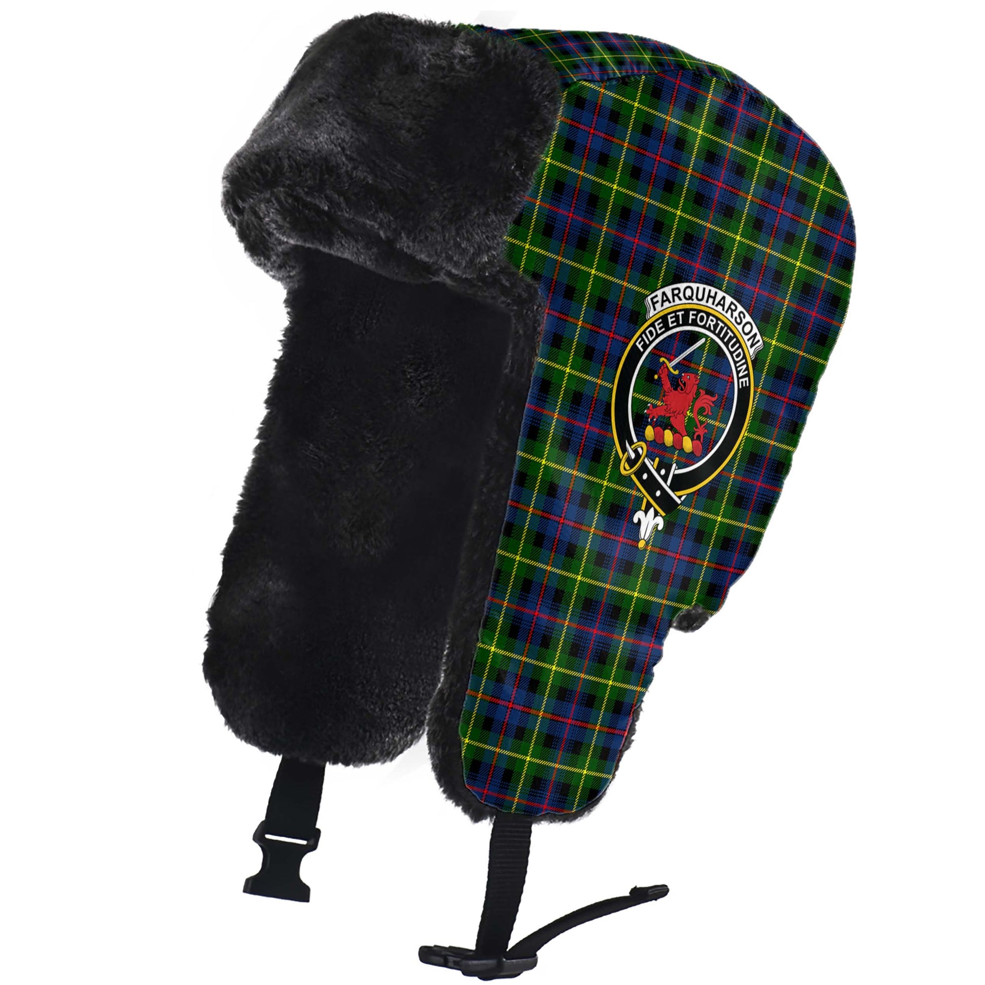 Farquharson Modern Tartan Winter Trapper Hat with Family Crest - Tartanvibesclothing