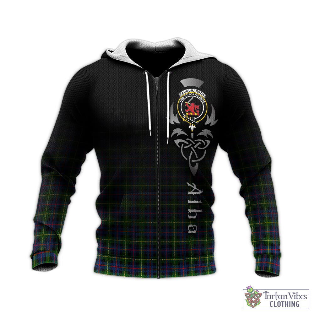 Tartan Vibes Clothing Farquharson Modern Tartan Knitted Hoodie Featuring Alba Gu Brath Family Crest Celtic Inspired