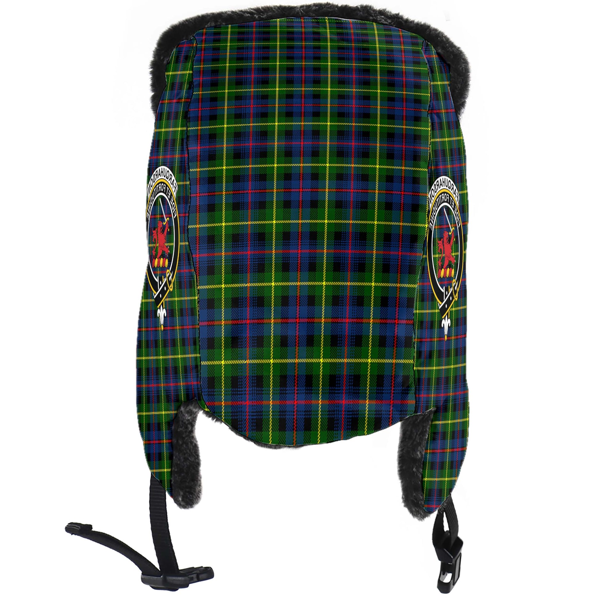 Farquharson Modern Tartan Winter Trapper Hat with Family Crest - Tartanvibesclothing