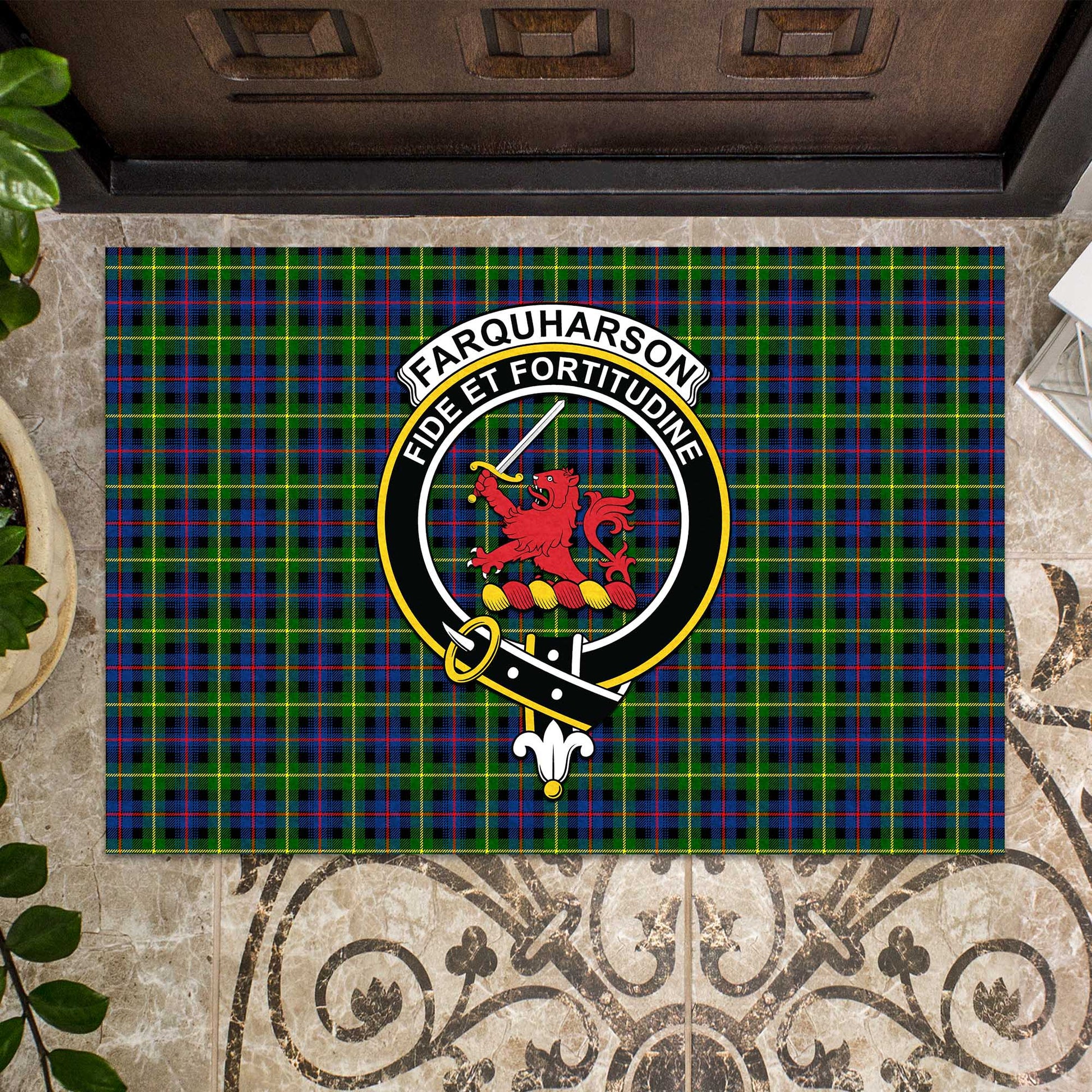 Farquharson Modern Tartan Door Mat with Family Crest - Tartanvibesclothing