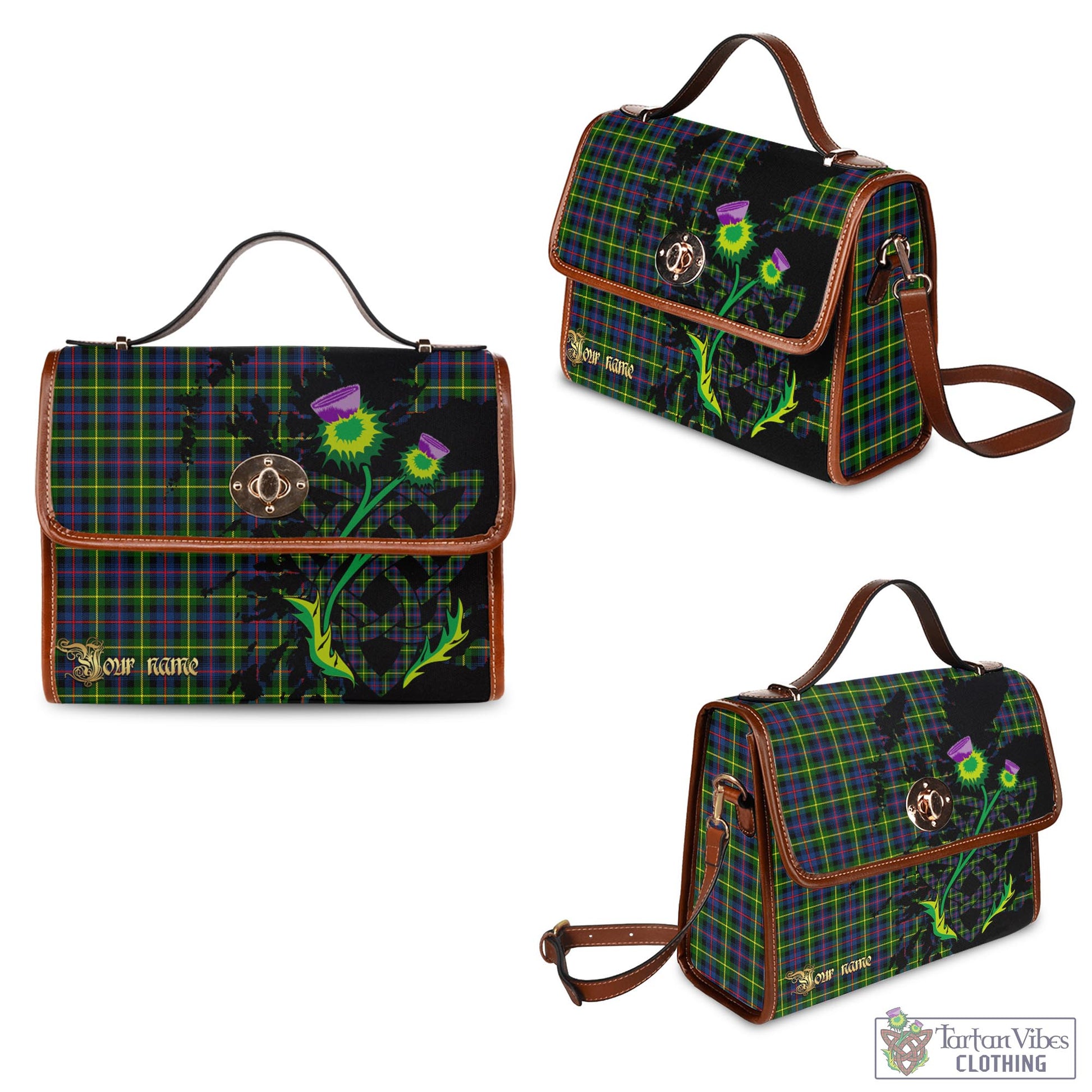 Tartan Vibes Clothing Farquharson Modern Tartan Waterproof Canvas Bag with Scotland Map and Thistle Celtic Accents