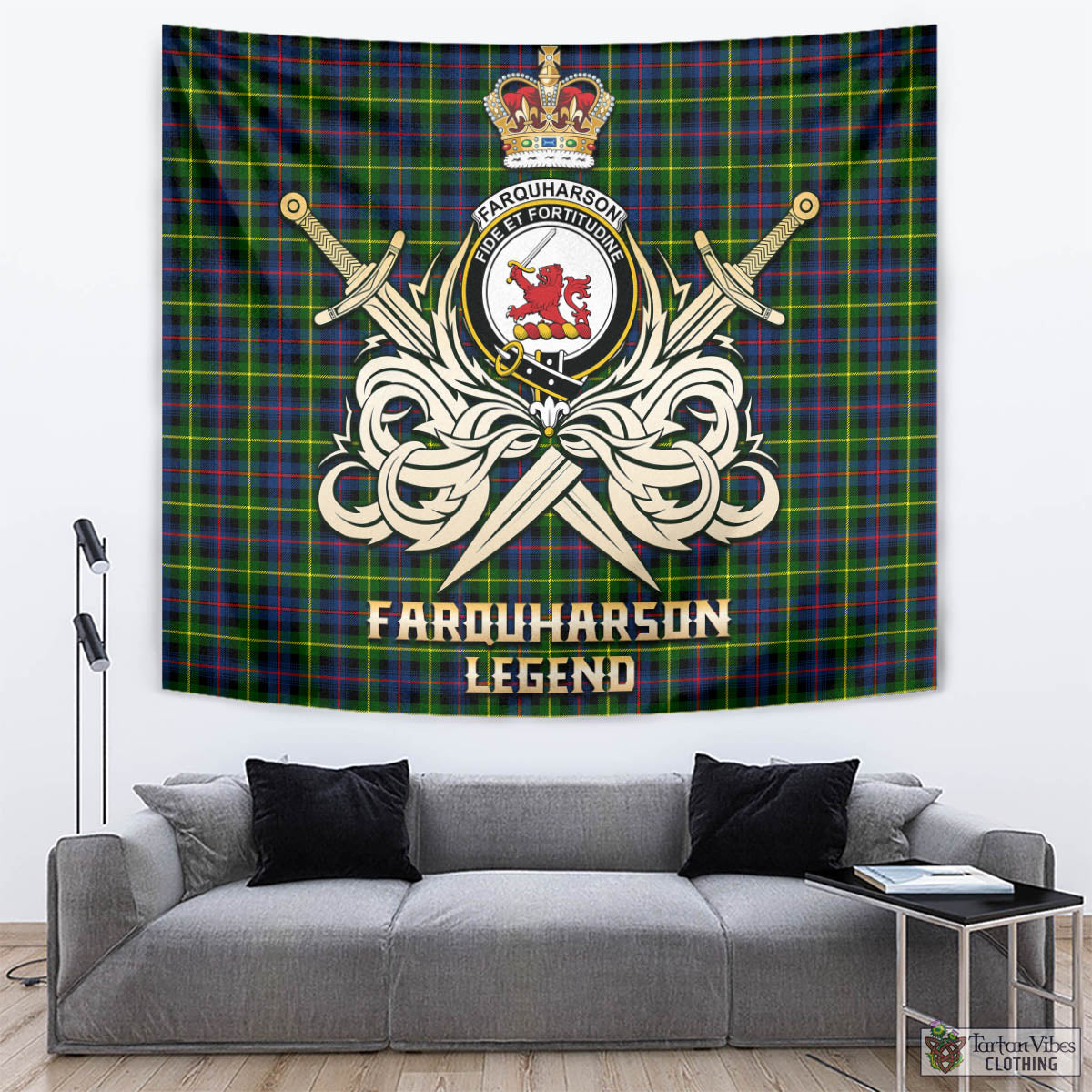 Tartan Vibes Clothing Farquharson Modern Tartan Tapestry with Clan Crest and the Golden Sword of Courageous Legacy