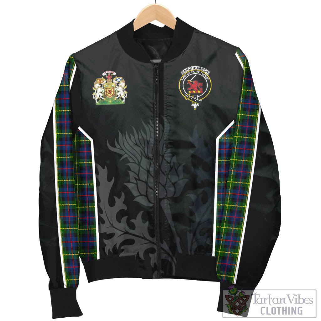 Tartan Vibes Clothing Farquharson Modern Tartan Bomber Jacket with Family Crest and Scottish Thistle Vibes Sport Style