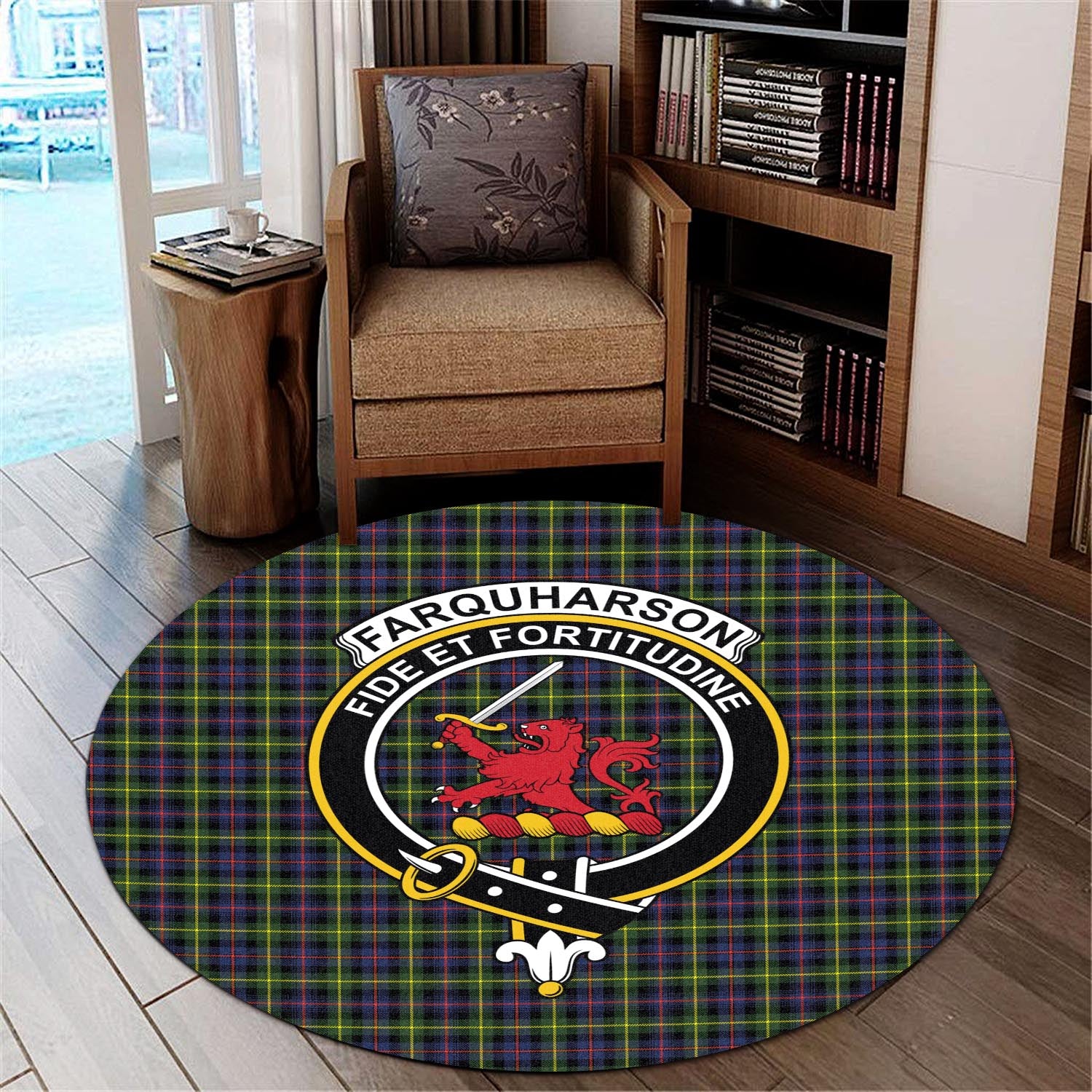 Farquharson Modern Tartan Round Rug with Family Crest - Tartanvibesclothing