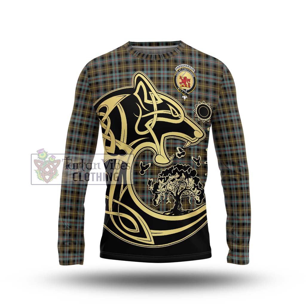 Tartan Vibes Clothing Farquharson Weathered Tartan Long Sleeve T-Shirt with Family Crest Celtic Wolf Style