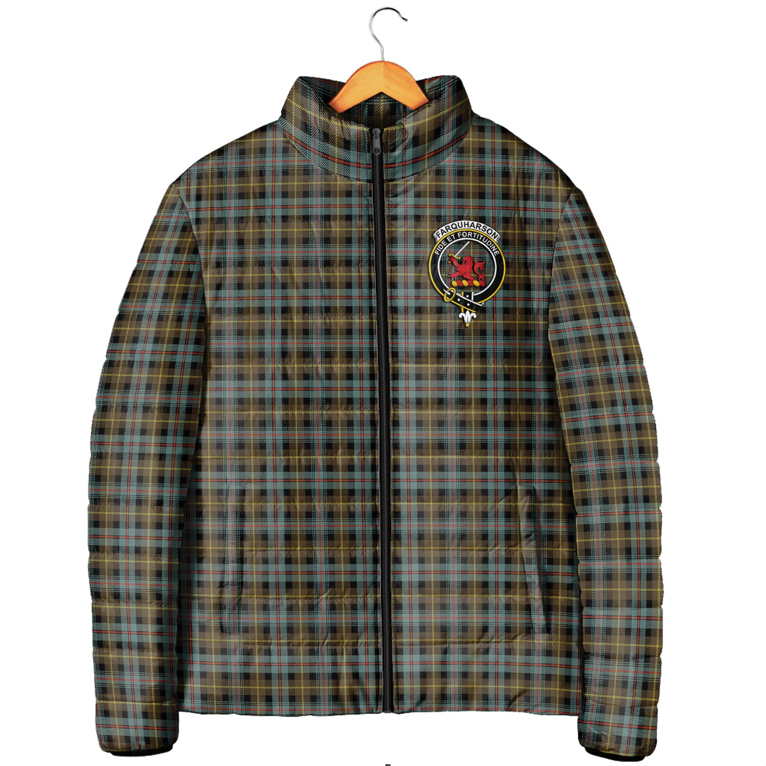 Farquharson Weathered Tartan Padded Jacket with Family Crest Men's Padded Jacket - Tartan Vibes Clothing