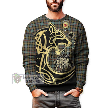 Farquharson Weathered Tartan Sweatshirt with Family Crest Celtic Wolf Style