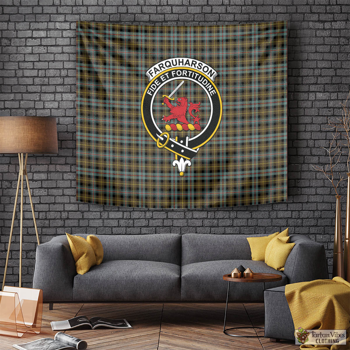 Tartan Vibes Clothing Farquharson Weathered Tartan Tapestry Wall Hanging and Home Decor for Room with Family Crest