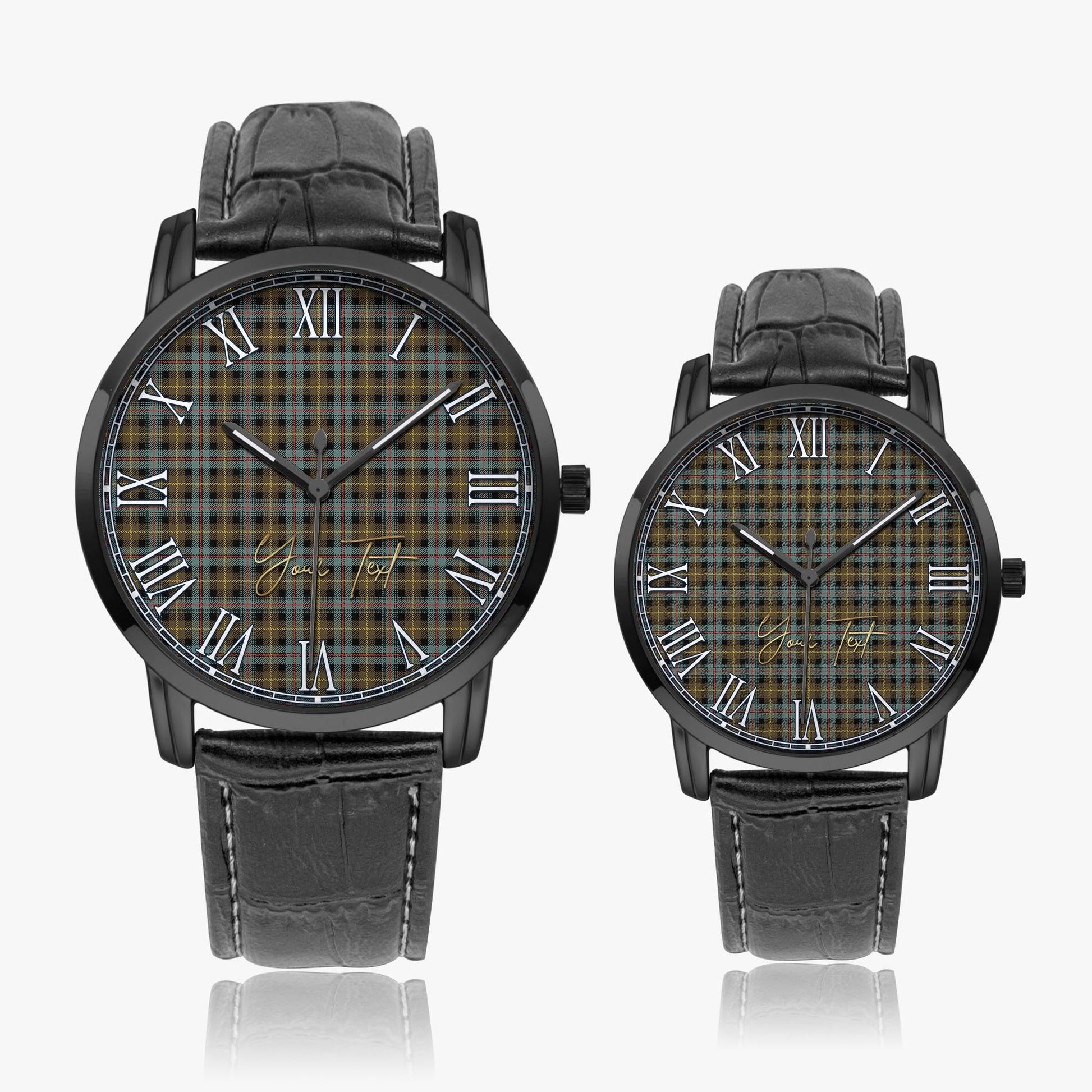 Farquharson Weathered Tartan Personalized Your Text Leather Trap Quartz Watch Wide Type Black Case With Black Leather Strap - Tartanvibesclothing