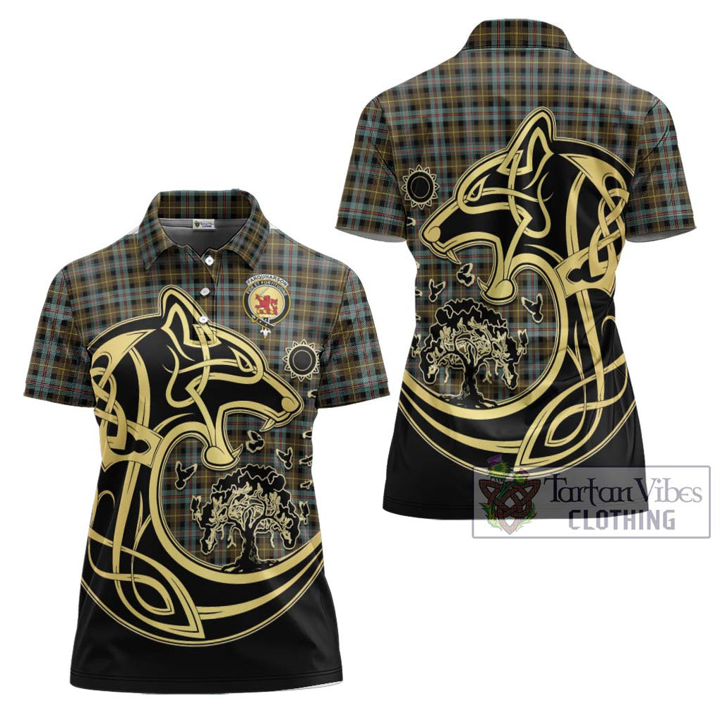 Farquharson Weathered Tartan Women's Polo Shirt with Family Crest Celtic Wolf Style Women - Tartanvibesclothing Shop