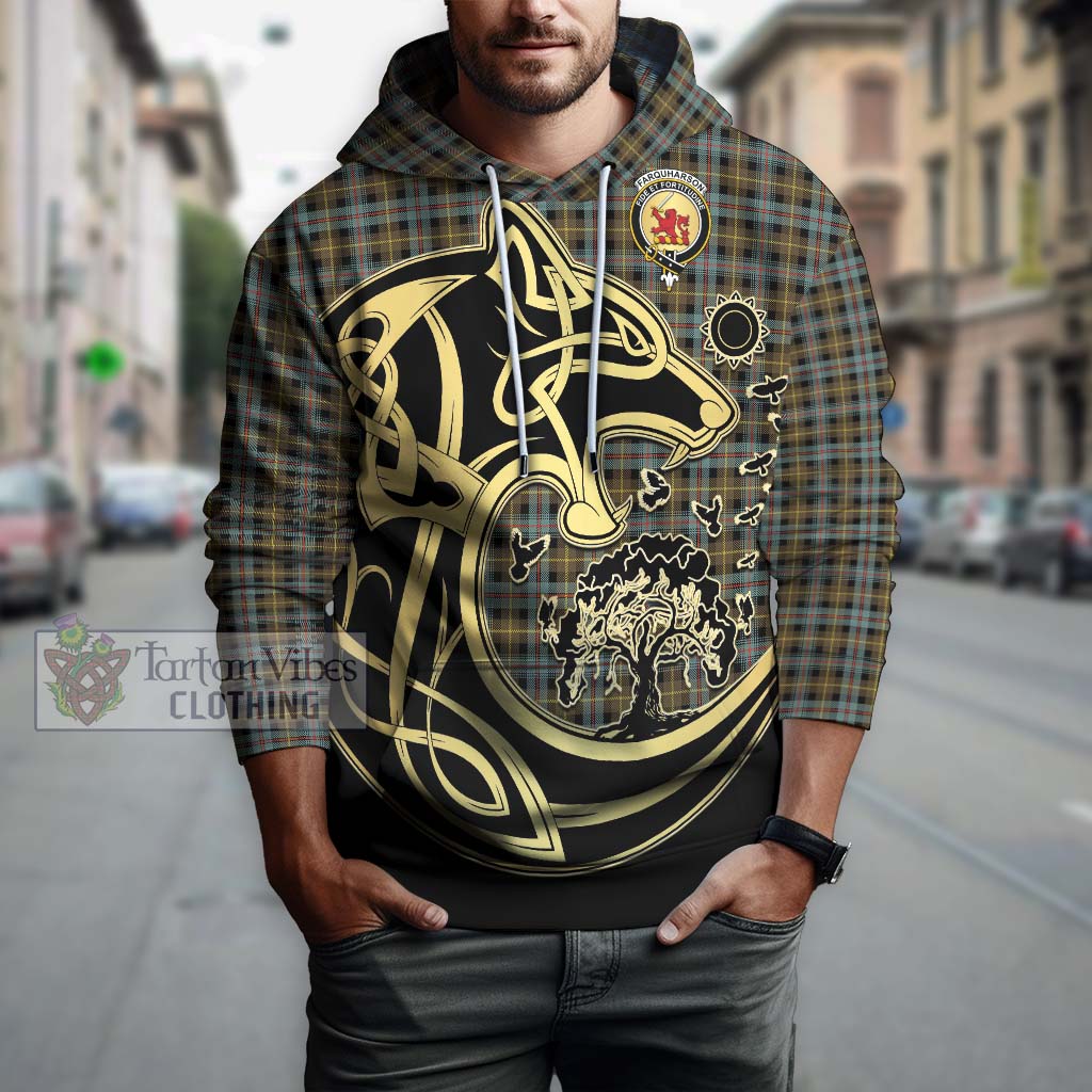 Tartan Vibes Clothing Farquharson Weathered Tartan Hoodie with Family Crest Celtic Wolf Style