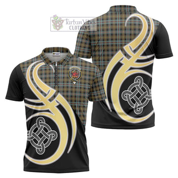 Farquharson Weathered Tartan Zipper Polo Shirt with Family Crest and Celtic Symbol Style