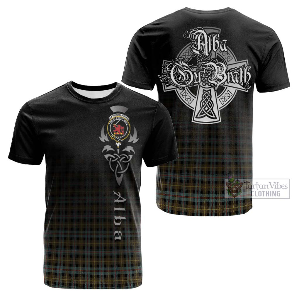 Tartan Vibes Clothing Farquharson Weathered Tartan Cotton T-shirt Featuring Alba Gu Brath Family Crest Celtic Inspired