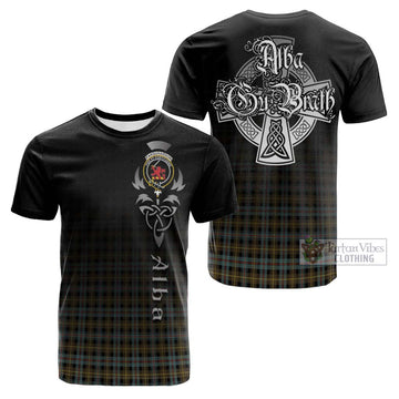 Farquharson Weathered Tartan Cotton T-shirt Featuring Alba Gu Brath Family Crest Celtic Inspired