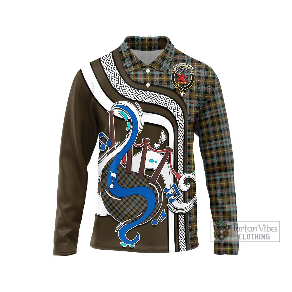 Tartan Vibes Clothing Farquharson Weathered Tartan Long Sleeve Polo Shirt with Epic Bagpipe Style