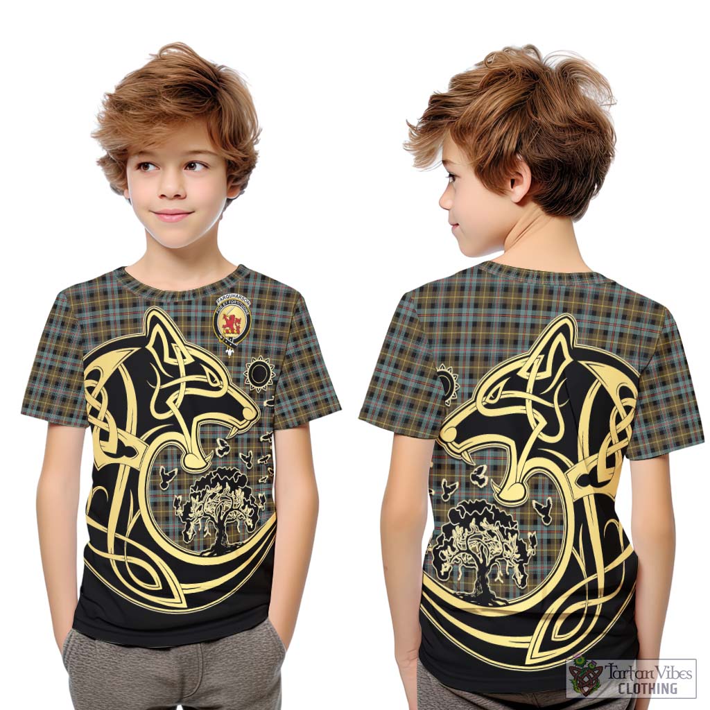 Tartan Vibes Clothing Farquharson Weathered Tartan Kid T-Shirt with Family Crest Celtic Wolf Style