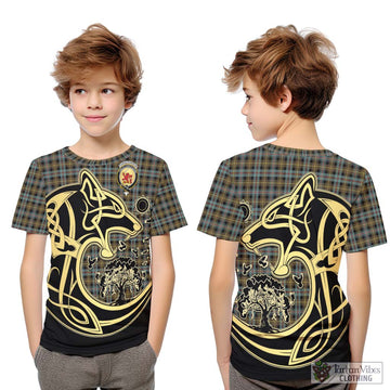 Farquharson Weathered Tartan Kid T-Shirt with Family Crest Celtic Wolf Style