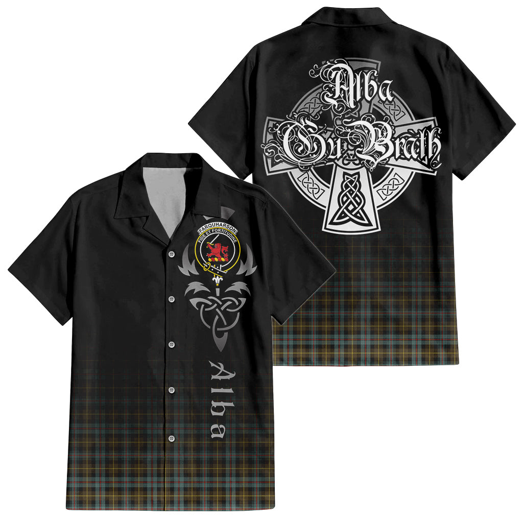 Tartan Vibes Clothing Farquharson Weathered Tartan Short Sleeve Button Up Featuring Alba Gu Brath Family Crest Celtic Inspired