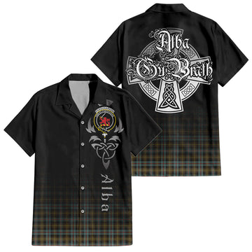 Farquharson Weathered Tartan Short Sleeve Button Up Shirt Featuring Alba Gu Brath Family Crest Celtic Inspired