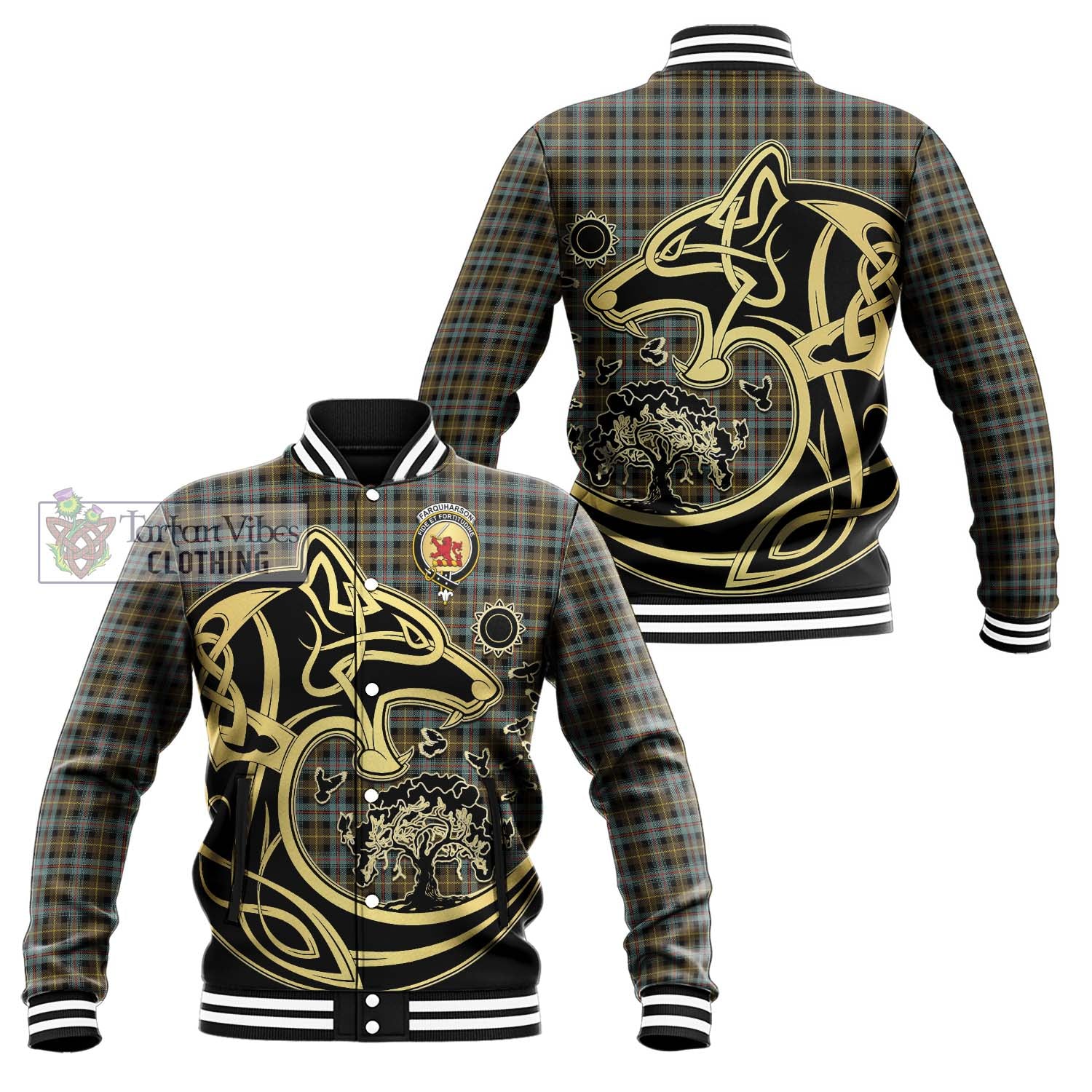 Tartan Vibes Clothing Farquharson Weathered Tartan Baseball Jacket with Family Crest Celtic Wolf Style