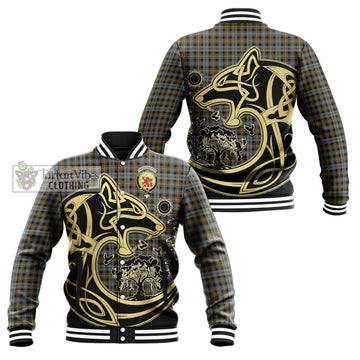 Farquharson Weathered Tartan Baseball Jacket with Family Crest Celtic Wolf Style