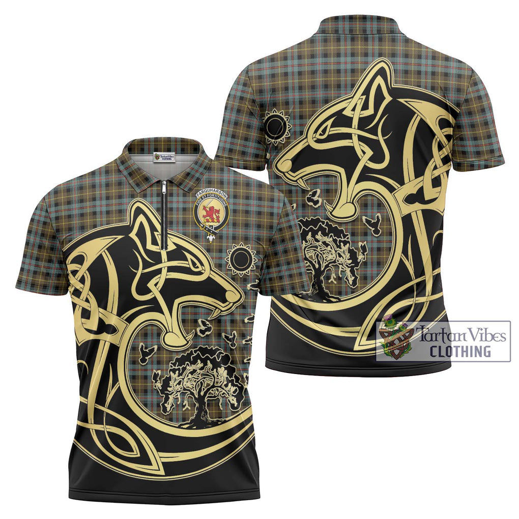 Farquharson Weathered Tartan Zipper Polo Shirt with Family Crest Celtic Wolf Style Unisex - Tartanvibesclothing Shop