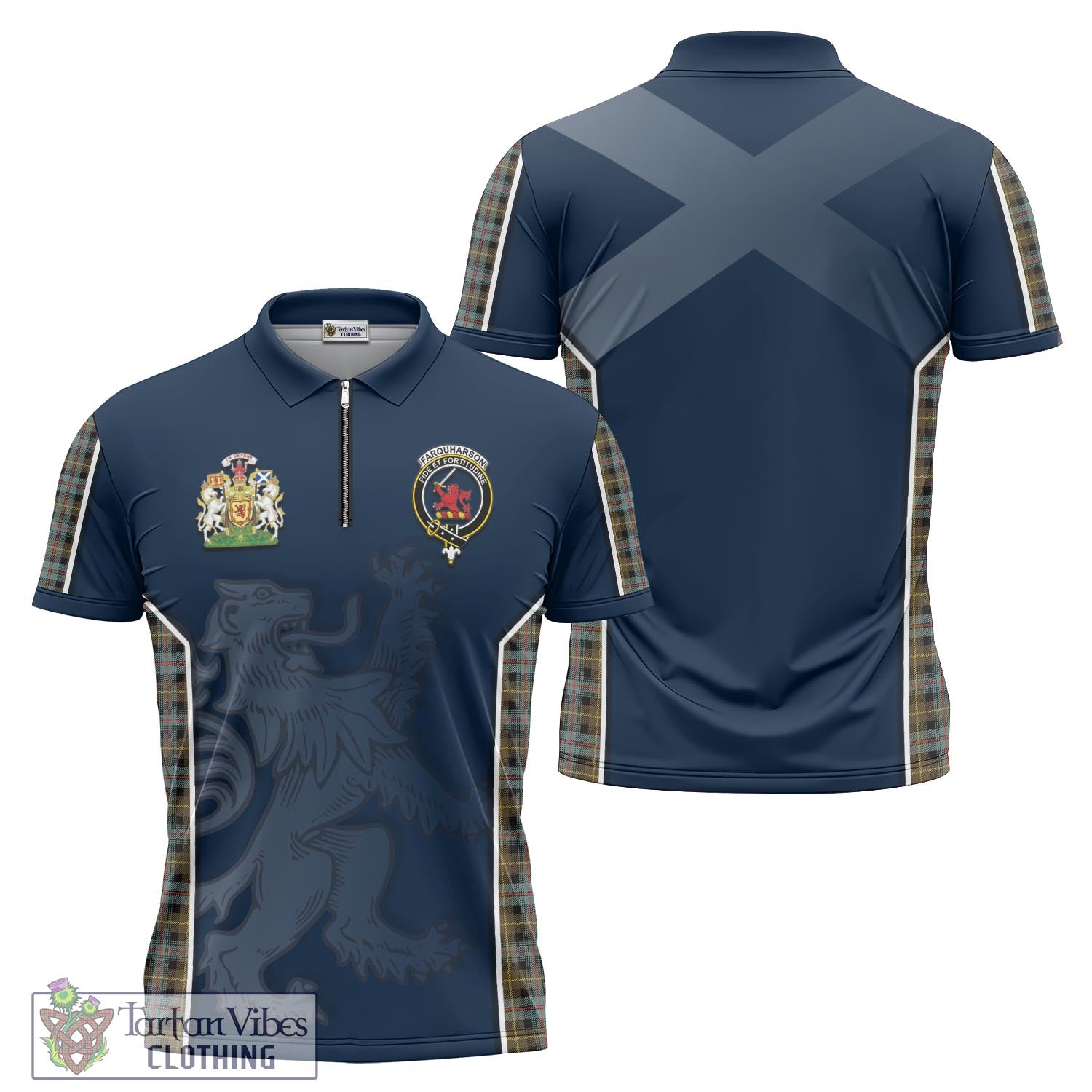 Tartan Vibes Clothing Farquharson Weathered Tartan Zipper Polo Shirt with Family Crest and Lion Rampant Vibes Sport Style