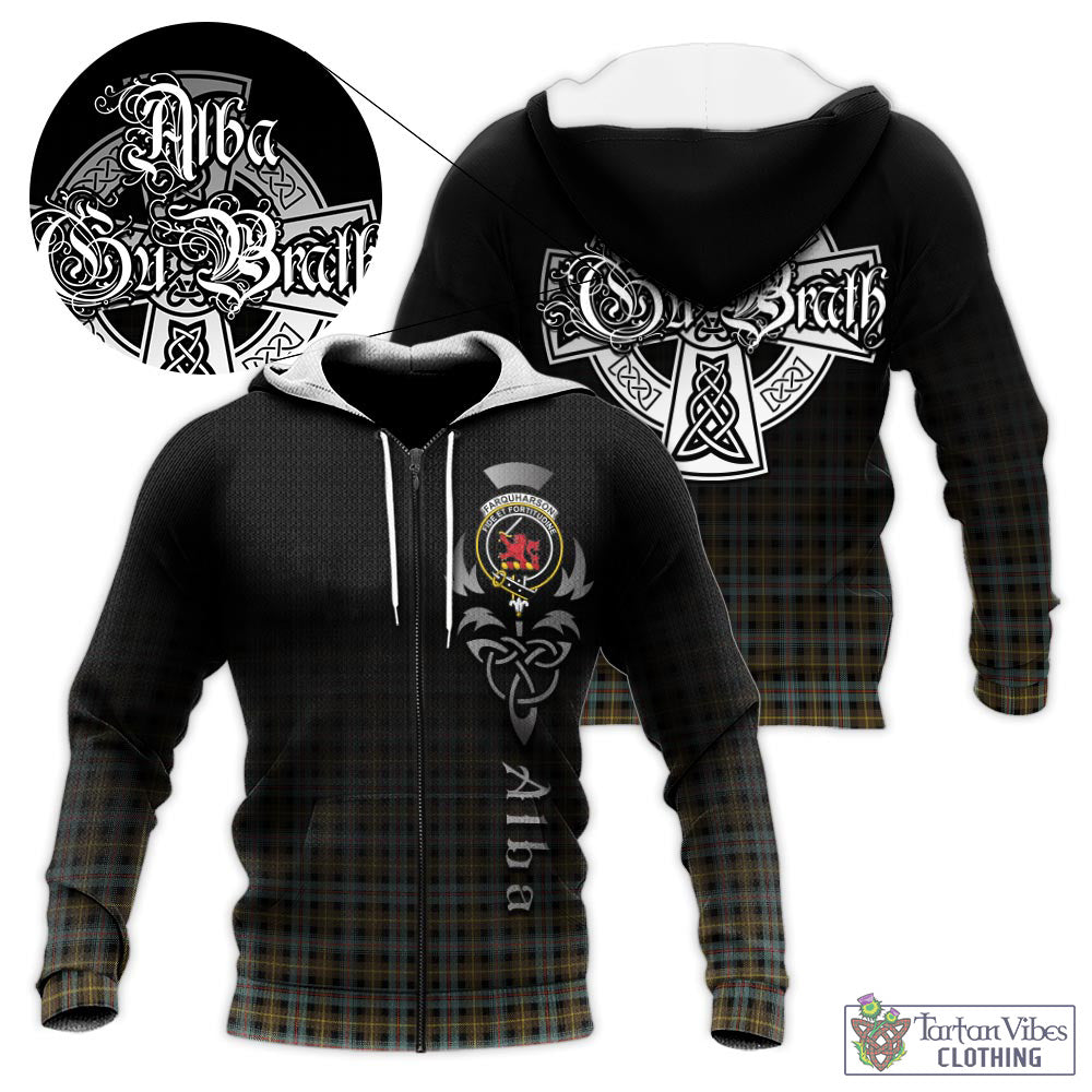 Tartan Vibes Clothing Farquharson Weathered Tartan Knitted Hoodie Featuring Alba Gu Brath Family Crest Celtic Inspired