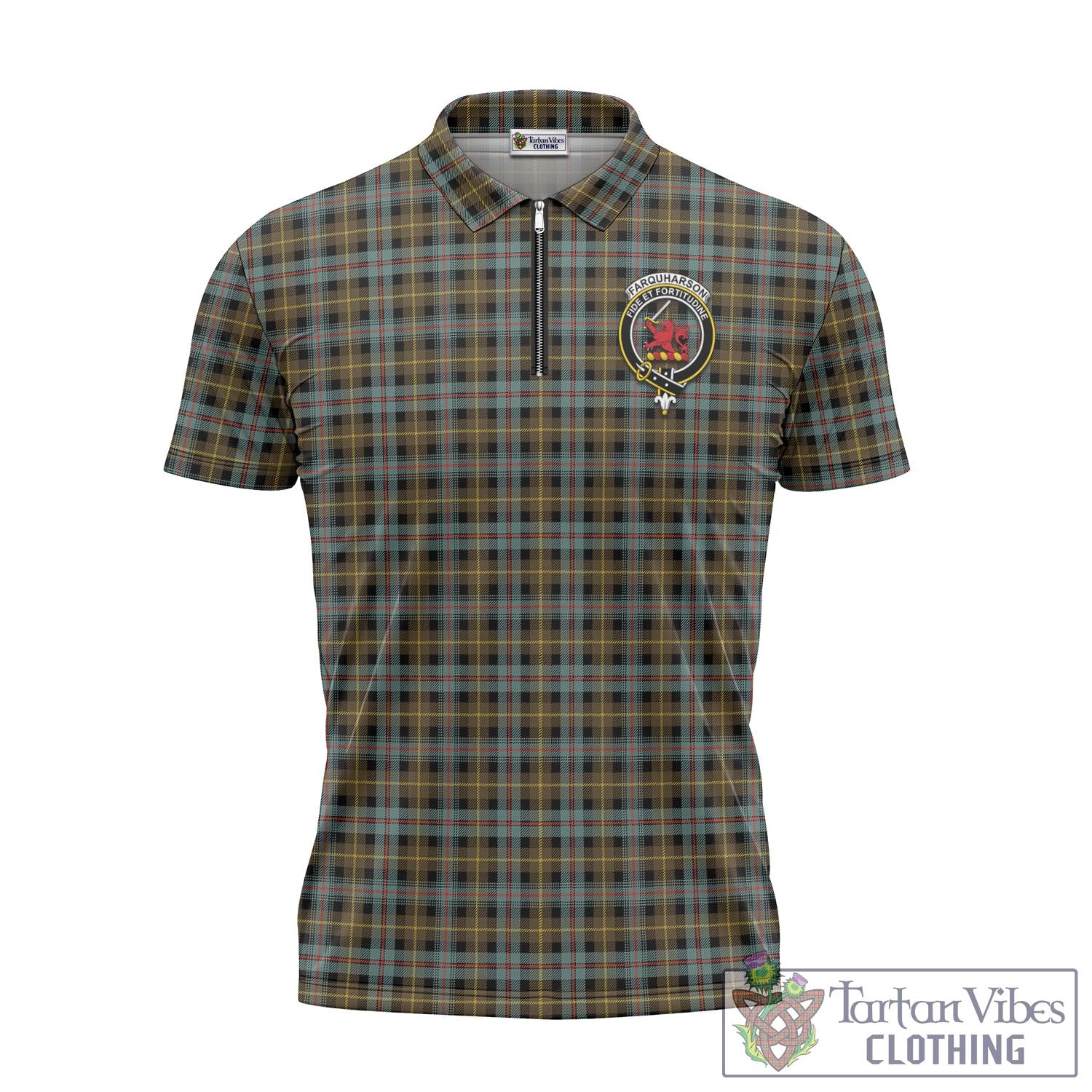 Tartan Vibes Clothing Farquharson Weathered Tartan Zipper Polo Shirt with Family Crest