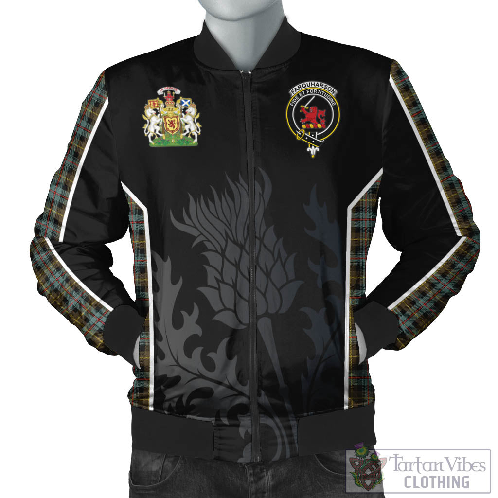 Tartan Vibes Clothing Farquharson Weathered Tartan Bomber Jacket with Family Crest and Scottish Thistle Vibes Sport Style