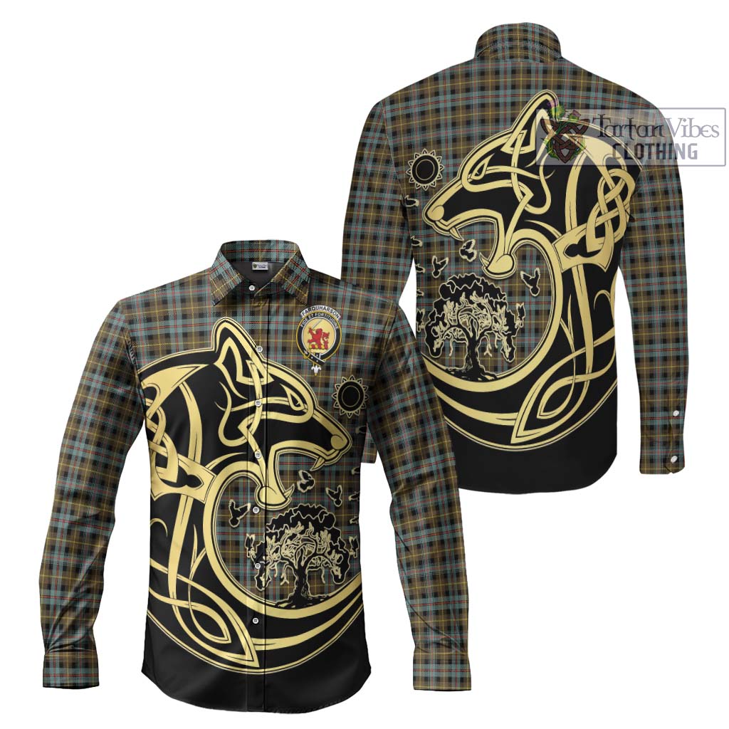 Tartan Vibes Clothing Farquharson Weathered Tartan Long Sleeve Button Shirt with Family Crest Celtic Wolf Style