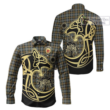 Farquharson Weathered Tartan Long Sleeve Button Shirt with Family Crest Celtic Wolf Style
