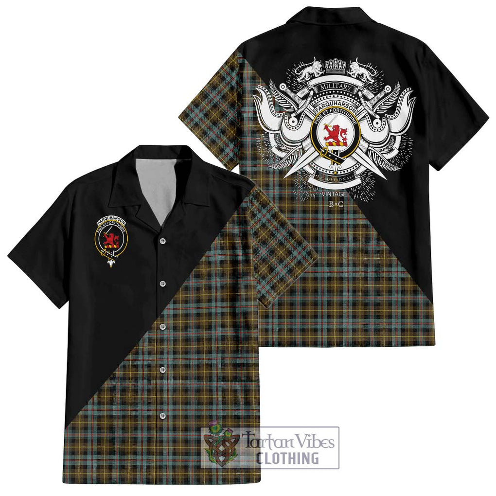 Farquharson Weathered Tartan Short Sleeve Button Shirt with Family Crest and Military Logo Style Kid - Tartanvibesclothing Shop