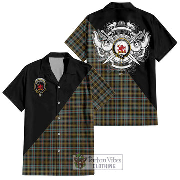 Farquharson Weathered Tartan Short Sleeve Button Shirt with Family Crest and Military Logo Style