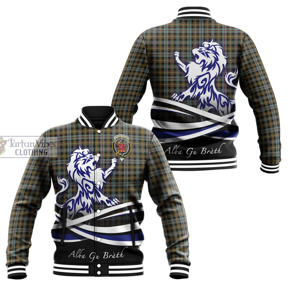 Farquharson Weathered Tartan Baseball Jacket with Alba Gu Brath Regal Lion Emblem Unisex - Tartanvibesclothing Shop