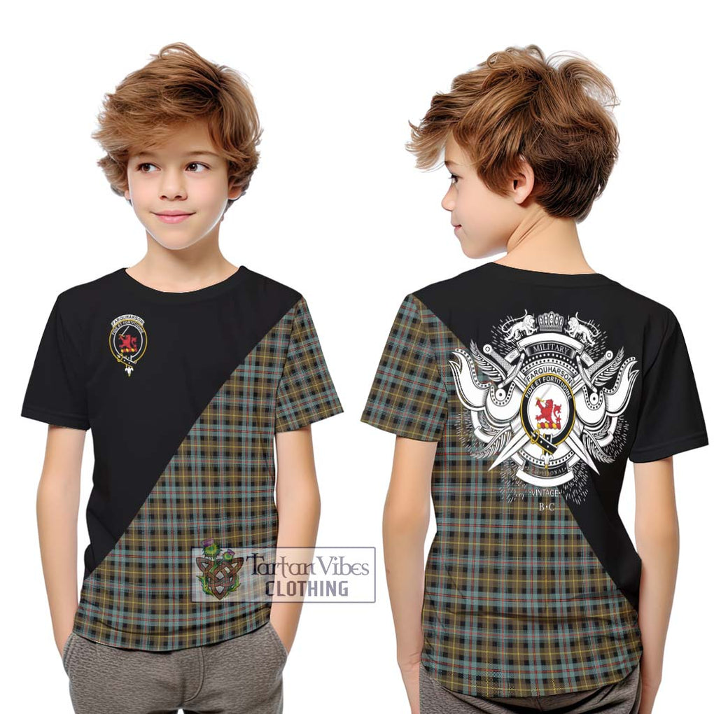 Farquharson Weathered Tartan Kid T-Shirt with Family Crest and Military Logo Style Youth XL Size14 - Tartanvibesclothing Shop