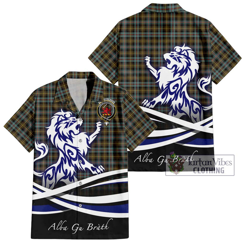 Farquharson Weathered Tartan Short Sleeve Button Shirt with Alba Gu Brath Regal Lion Emblem Kid - Tartanvibesclothing Shop