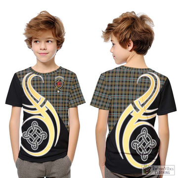 Farquharson Weathered Tartan Kid T-Shirt with Family Crest and Celtic Symbol Style