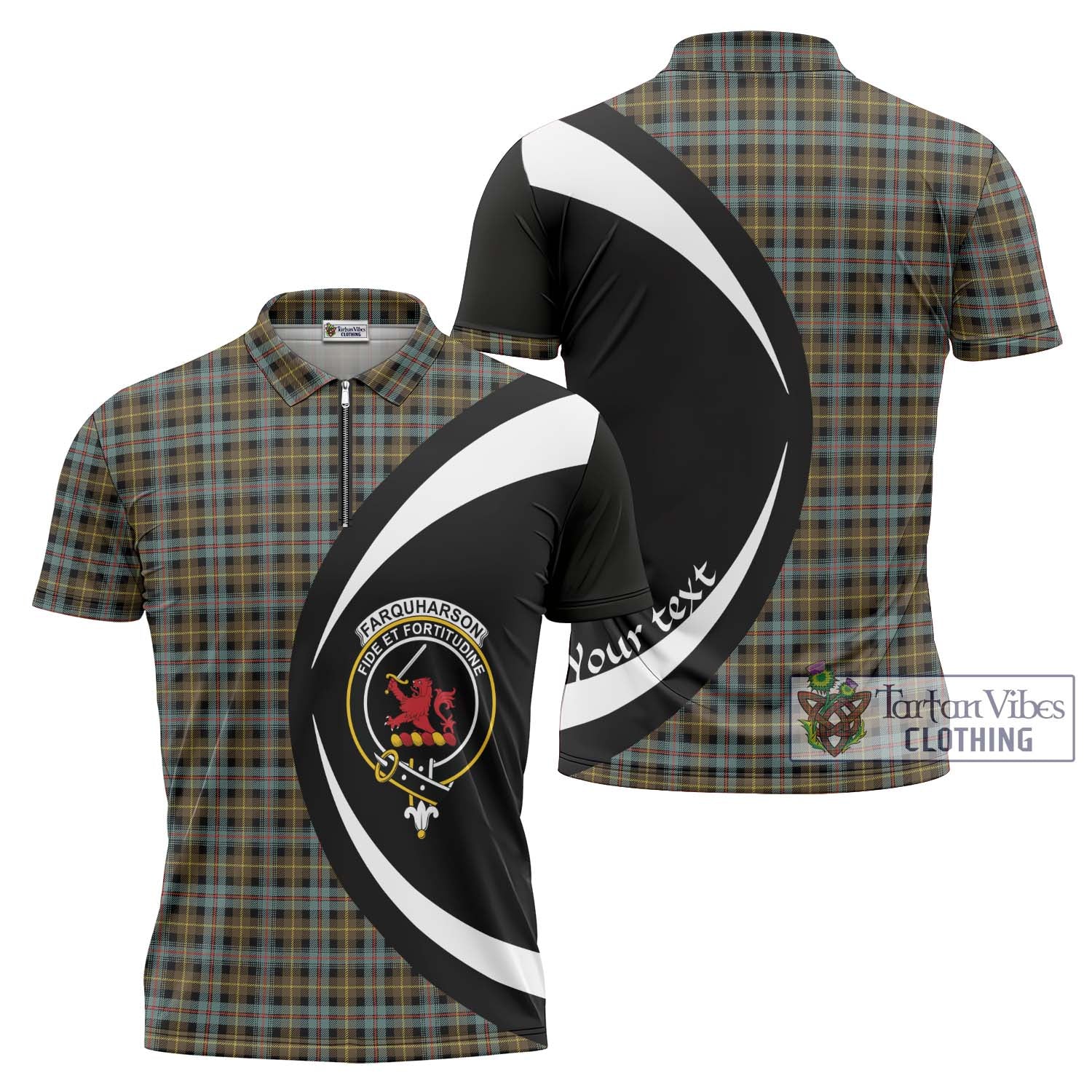 Tartan Vibes Clothing Farquharson Weathered Tartan Zipper Polo Shirt with Family Crest Circle Style