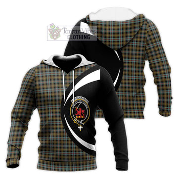 Farquharson Weathered Tartan Knitted Hoodie with Family Crest Circle Style