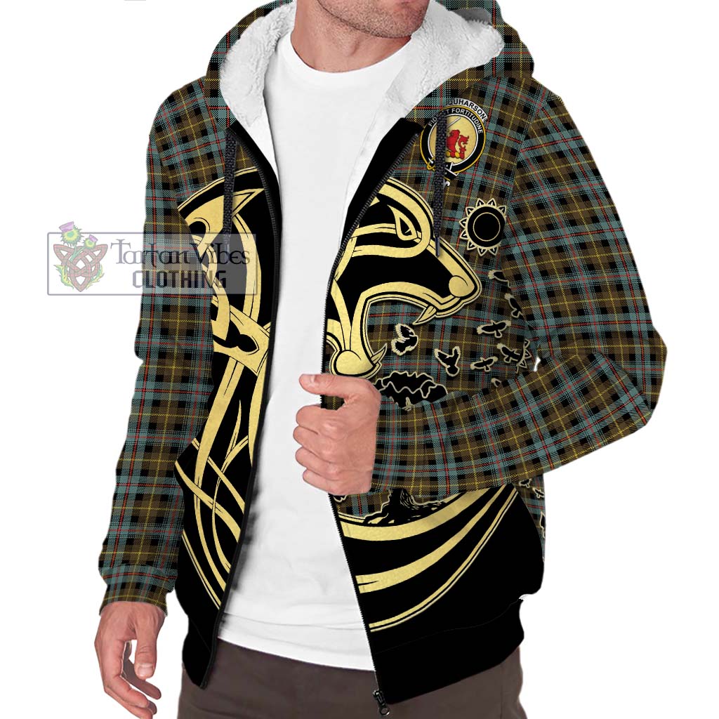 Tartan Vibes Clothing Farquharson Weathered Tartan Sherpa Hoodie with Family Crest Celtic Wolf Style