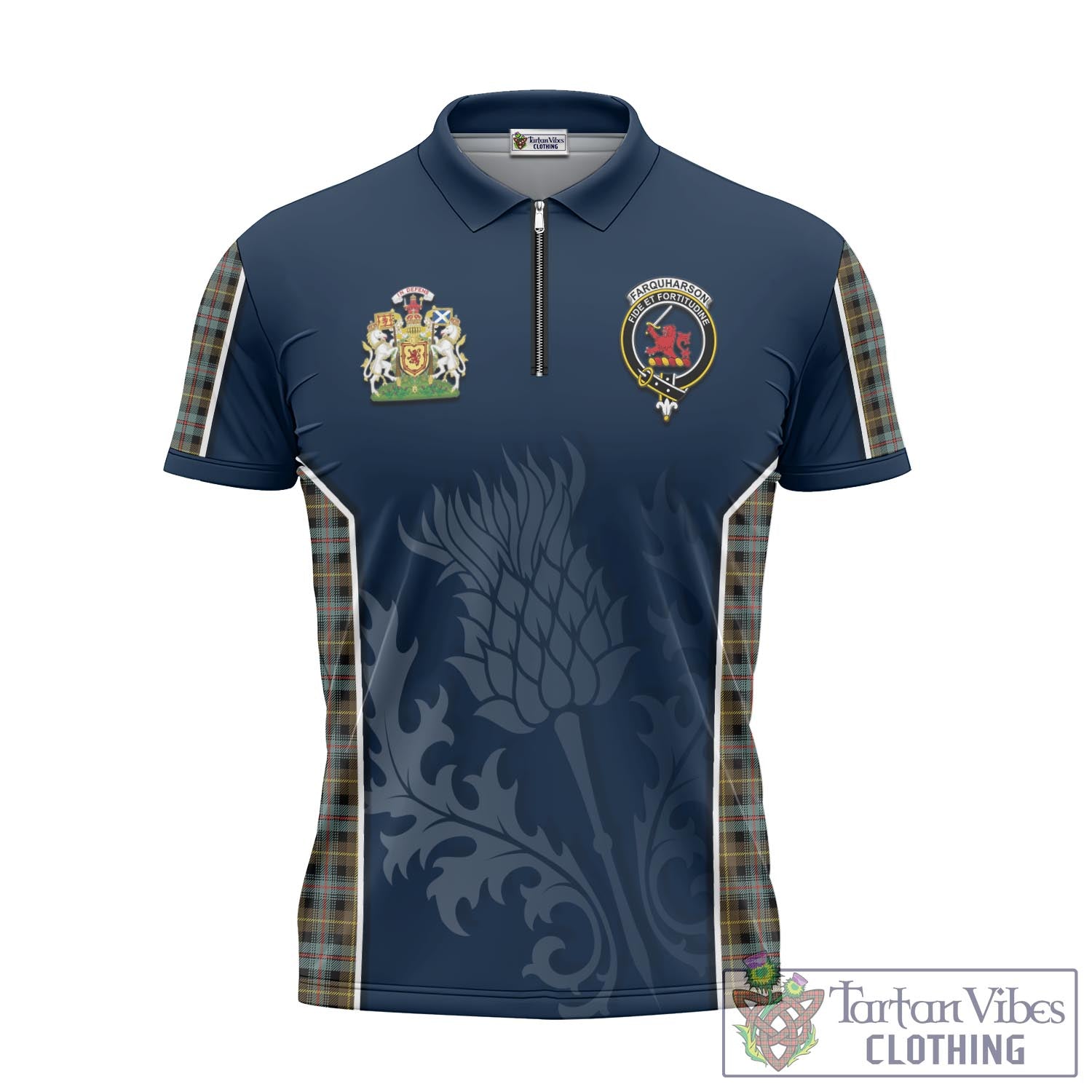 Tartan Vibes Clothing Farquharson Weathered Tartan Zipper Polo Shirt with Family Crest and Scottish Thistle Vibes Sport Style