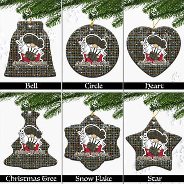 Farquharson Weathered Tartan Christmas Ceramic Ornaments with Scottish Gnome Playing Bagpipes