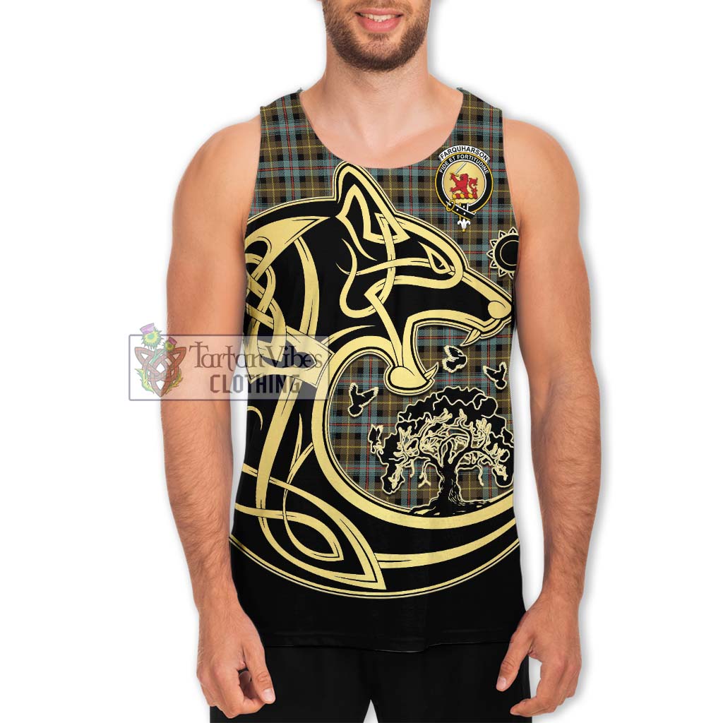 Tartan Vibes Clothing Farquharson Weathered Tartan Men's Tank Top with Family Crest Celtic Wolf Style