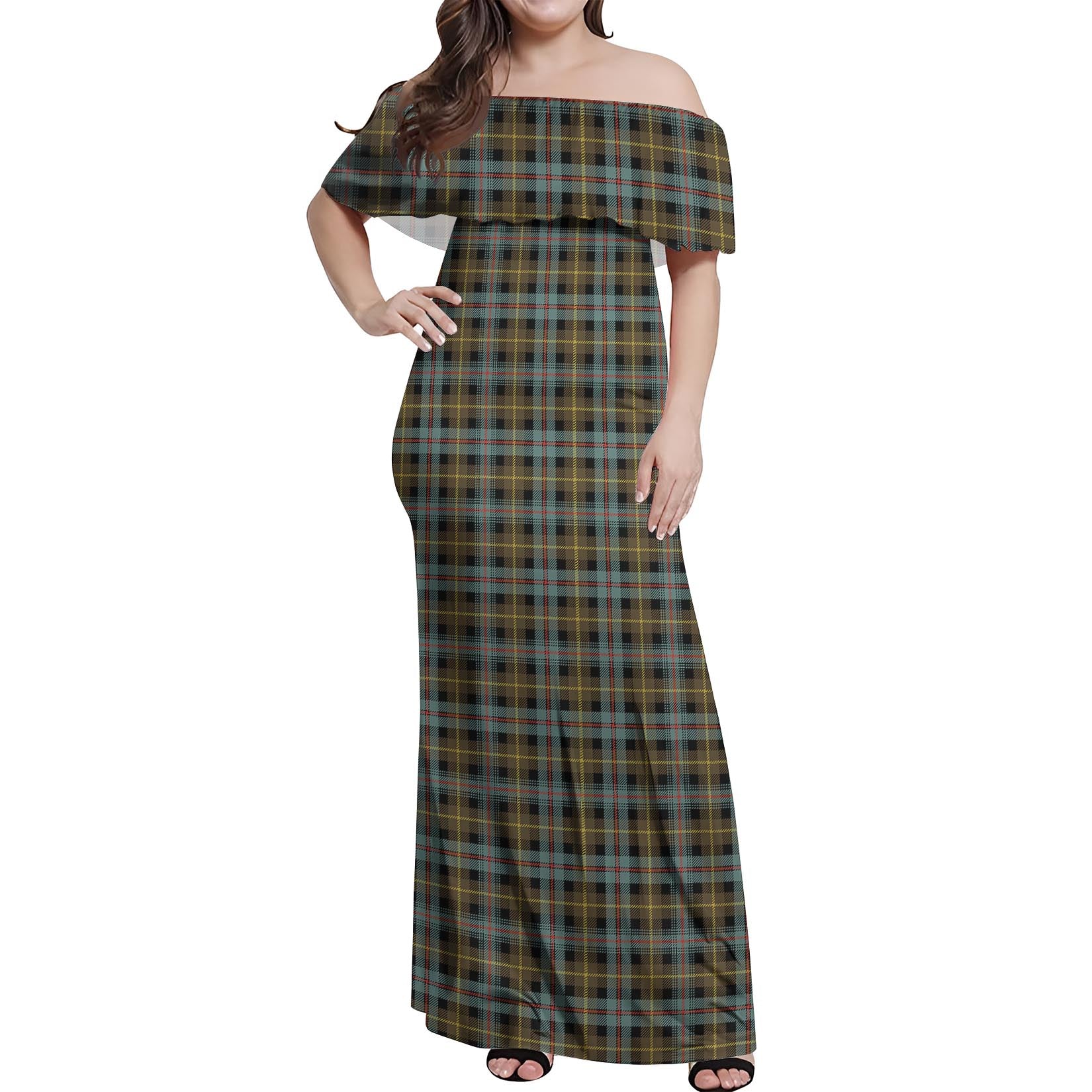 Farquharson Weathered Tartan Off Shoulder Long Dress Women's Dress - Tartanvibesclothing