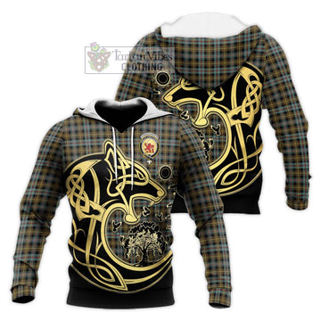 Farquharson Weathered Tartan Knitted Hoodie with Family Crest Celtic Wolf Style